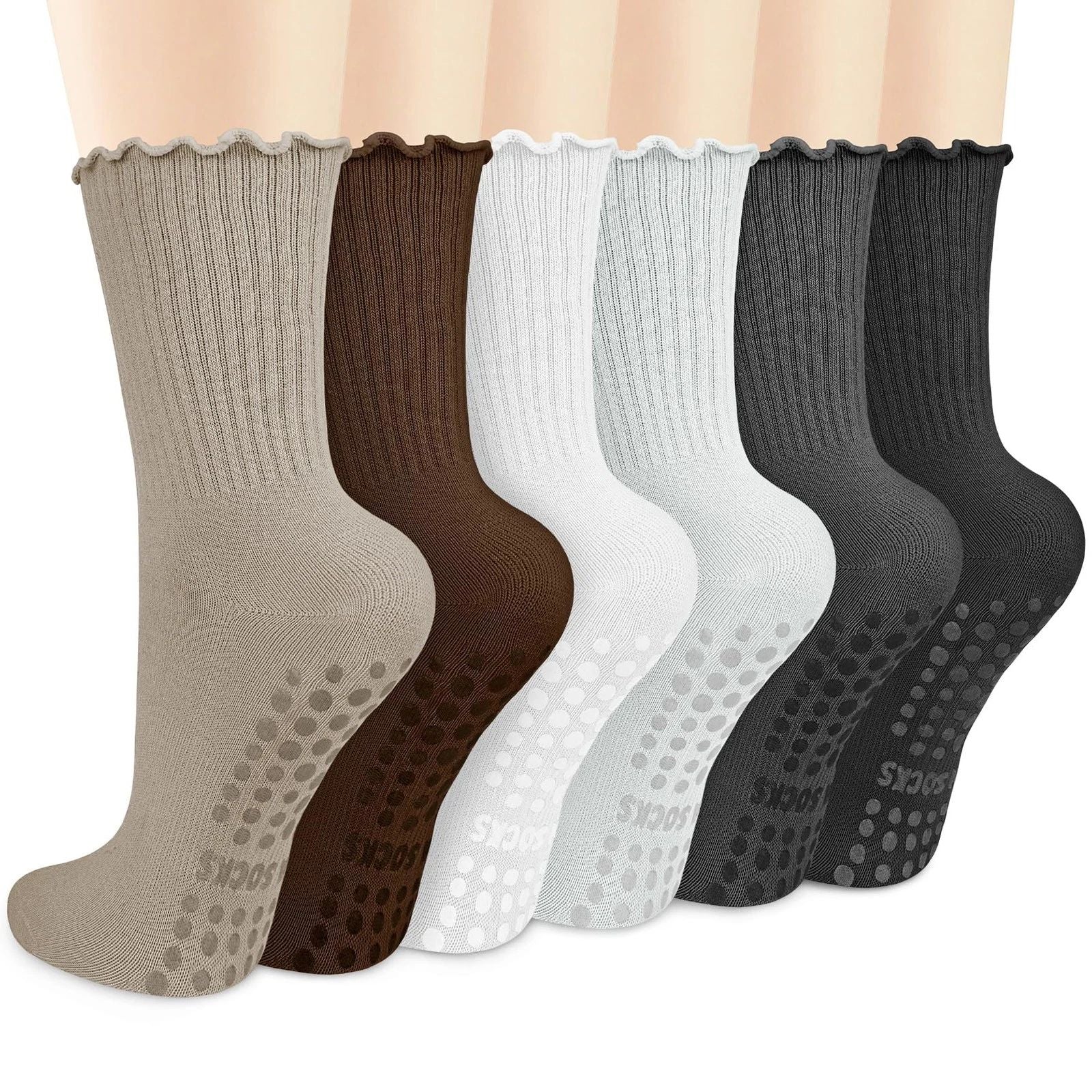 6 Pairs Womens Pilates Socks with Grips Crew Non Slip Ruffle Cotton for Athle...