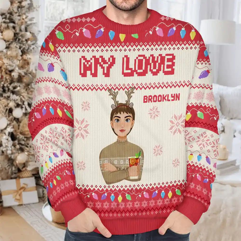 Christmas Light Custom Family Name Flat Art - Personalized Unisex Ugly Sweater