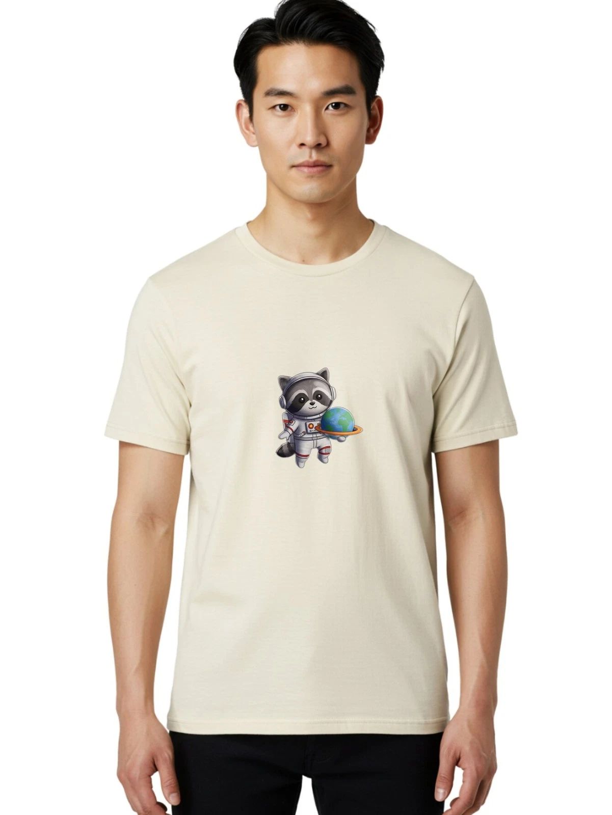 Raccoon-Astronaut Mens Graphic Tee, 100% Cotton, Casual Summer Wear
