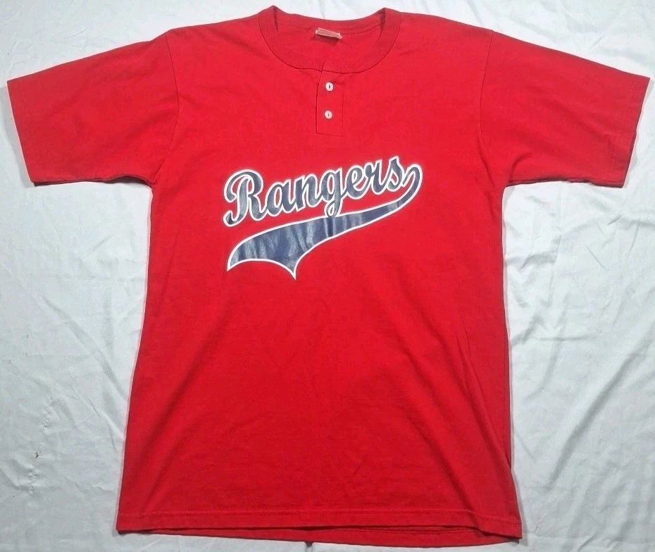 VTG Mens Texas Rangers Spellout Henley Neck T Shirt Size Large Red Made in USA