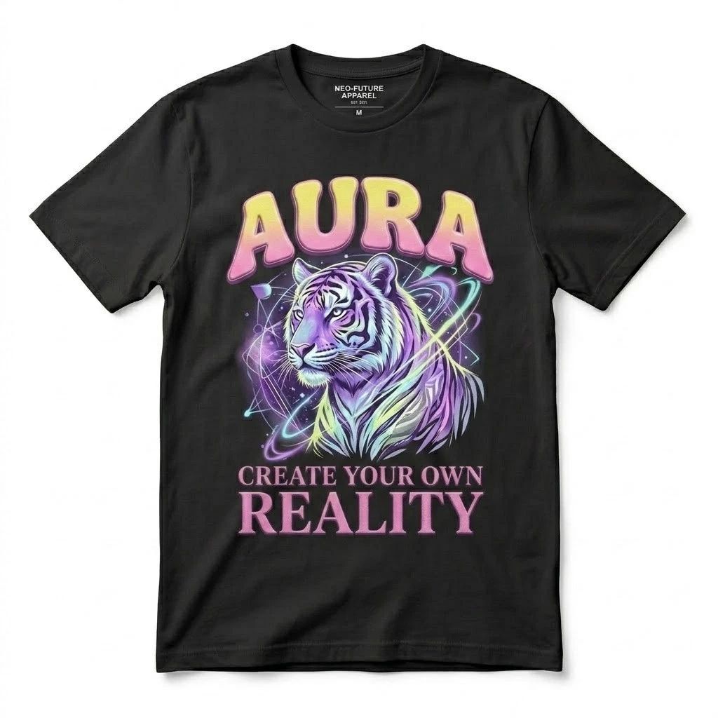 Aura Tiger T-Shirt Create Your Own Reality Vaporwave Aesthetic Graphic Tee Black