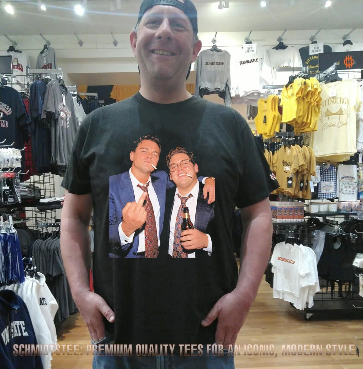 Leonardo DiCaprio and Jonah Hill smoking middle finger shirt