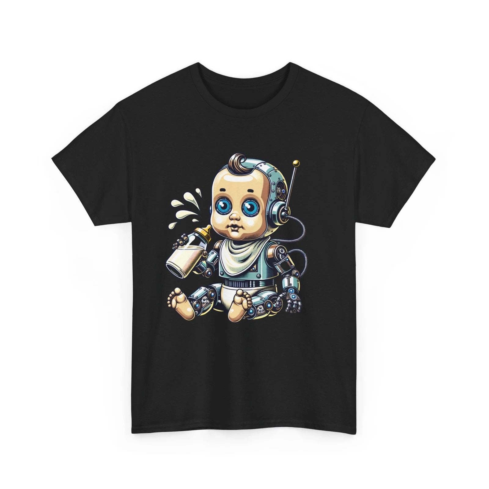 Unisex Adult T Shirt Funny Sci Fi Robot Baby Pop Art Drinking Milk Cyborg Humor