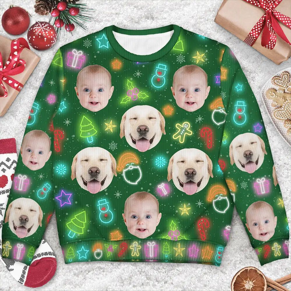Custom Photo Family Face Neon Style Light It Up - Personalized Unisex Ugly Sweater