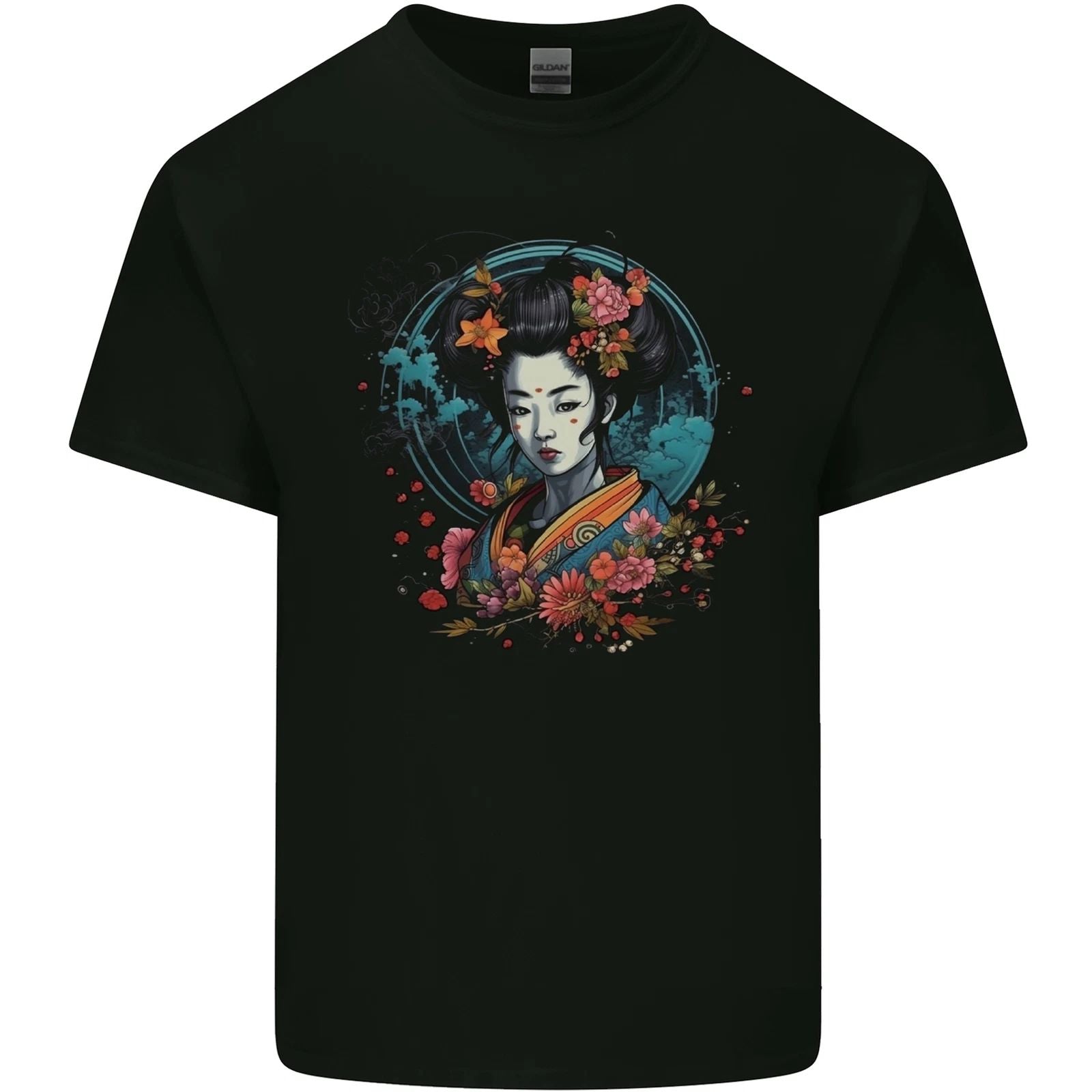 Geisha Girl With Flowers Fantasy Mens Cotton T-Shirt Tee Top