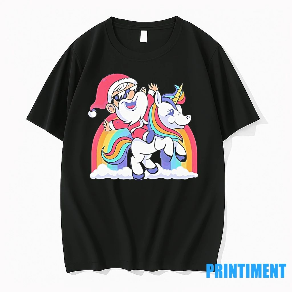 Santa Riding Unicorn Rainbow Clouds Christmas Tshirts Sweater
