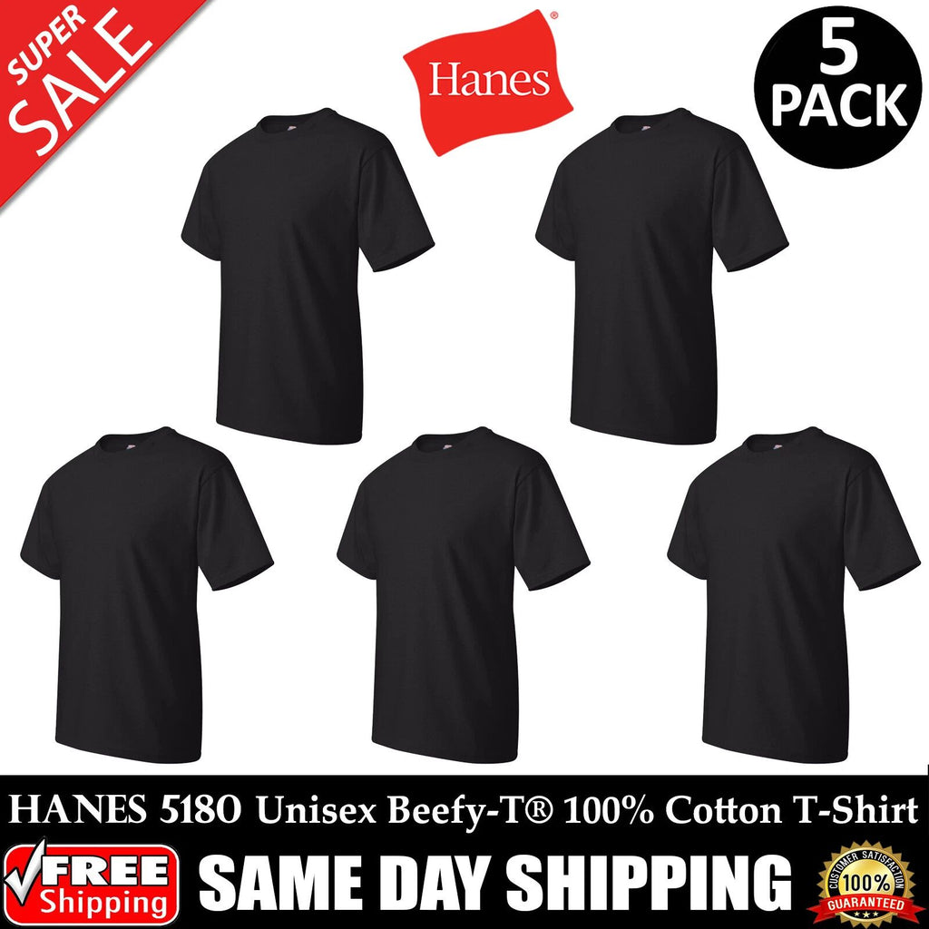 PACK OF 5 HANES PLAIN Mens Black T Shirt Blank Wholesale T-Shirt - 5180 S-XL