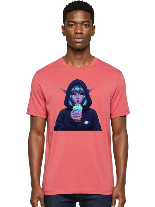 Alien-Girl-Drinking-Boba-Tea Mens Graphic Tee, 100% Cotton, Casual Summer Wear