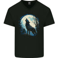 Moonlit Howling Wolf Fantasy Mens V-Neck Cotton T-Shirt