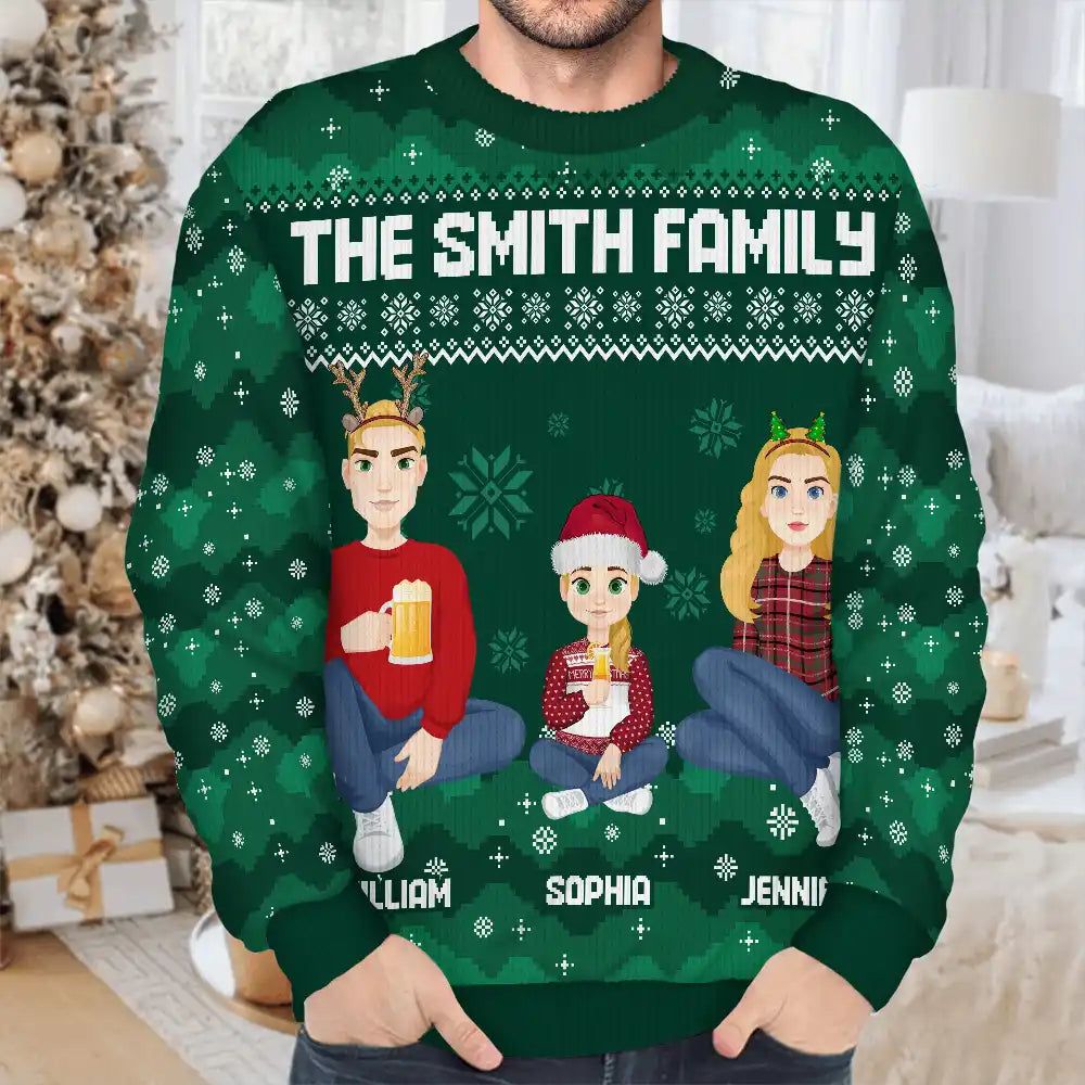 Christmas Pixel Snow Flat Art Family Friends Sitting - Personalized Unisex Ugly Sweater