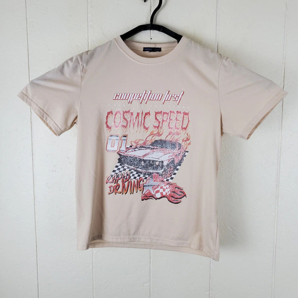 Romwe Shirt Mens Small Beige Graphic Crew Neck Short Sleeve Stretch Pullover