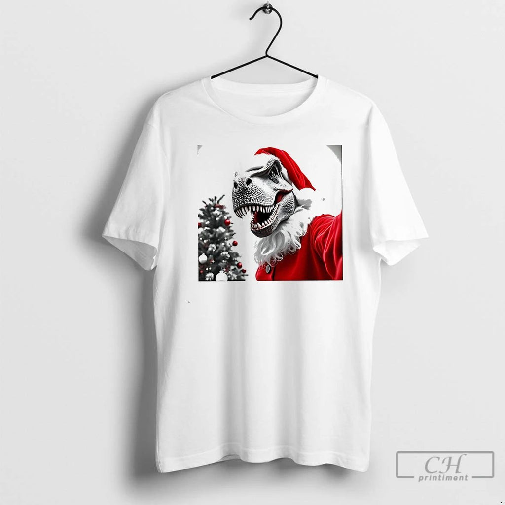 Classic Santa T Rex Selfie Dinosaur Christmas White T Shirts