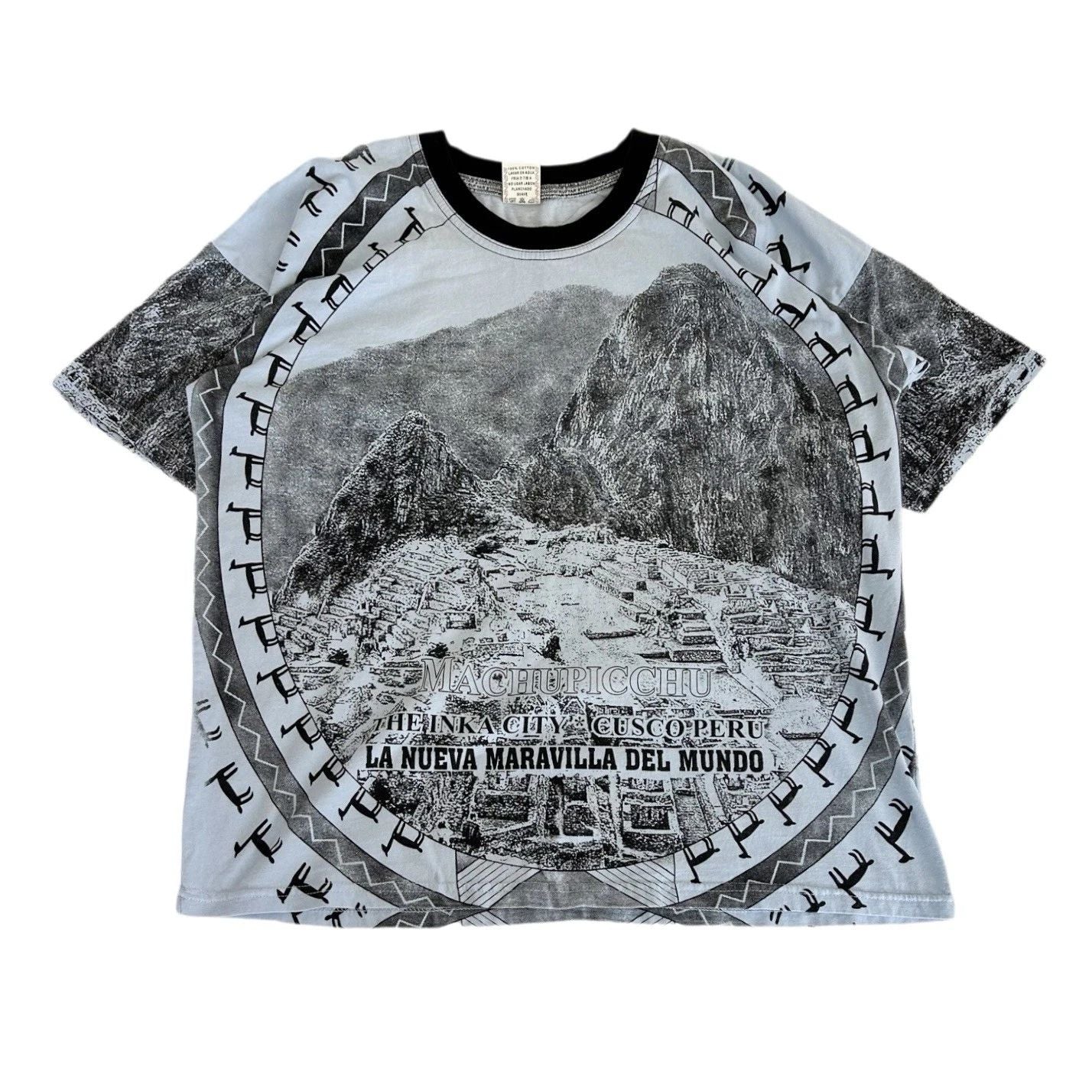 Vintage Blue All Over Print Machu Picchu Peru Nature Graphic T-shirt Large