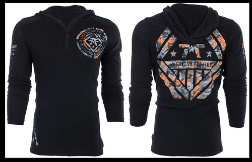 AMERICAN FIGHTER Black AVERETT Long Sleeve Henley Thermal Hoodie  T-shirt NWT