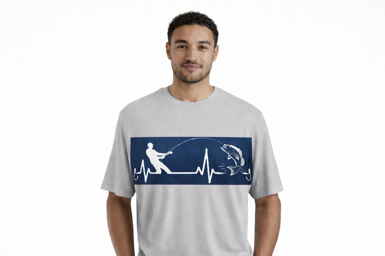 Fishing Heartbeat Graphic T-Shirt Light Grey Mens M, L, XL Casual Streetwear