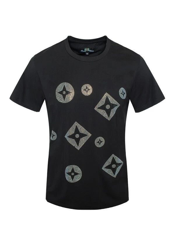 Men's Italian fashion Short Sleeves black designed T-shirt Diamond rhinestone