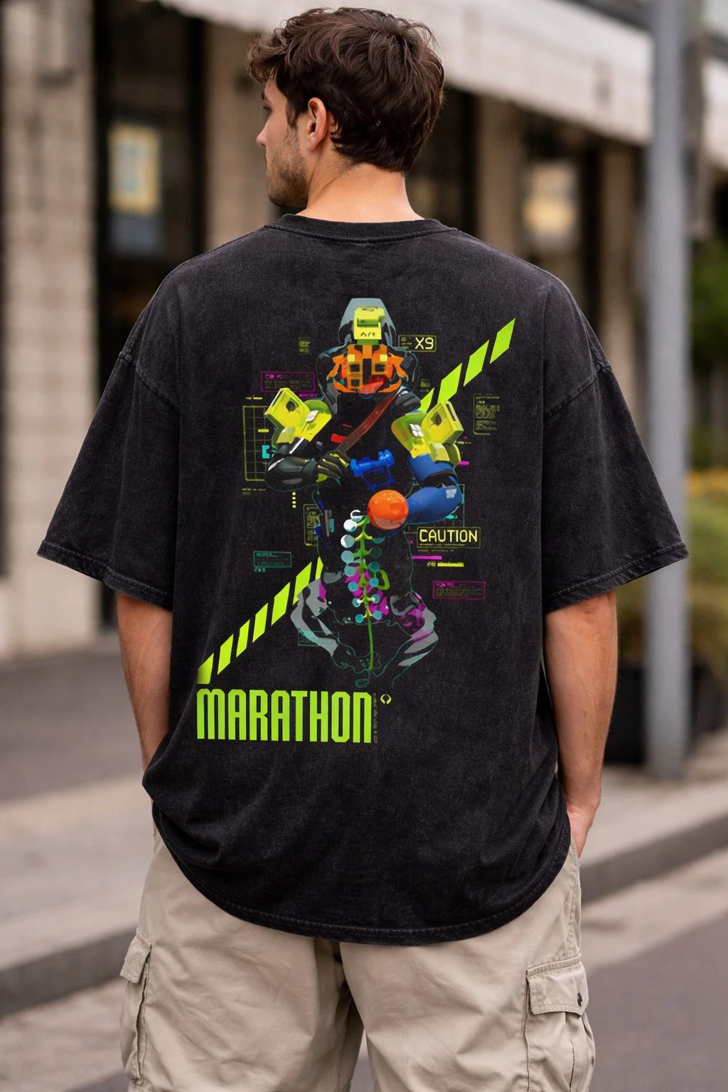 Vintage Wash Neon Cyber Runner Soldier Graphic T-Shirt, Retro Space FPS Gamer