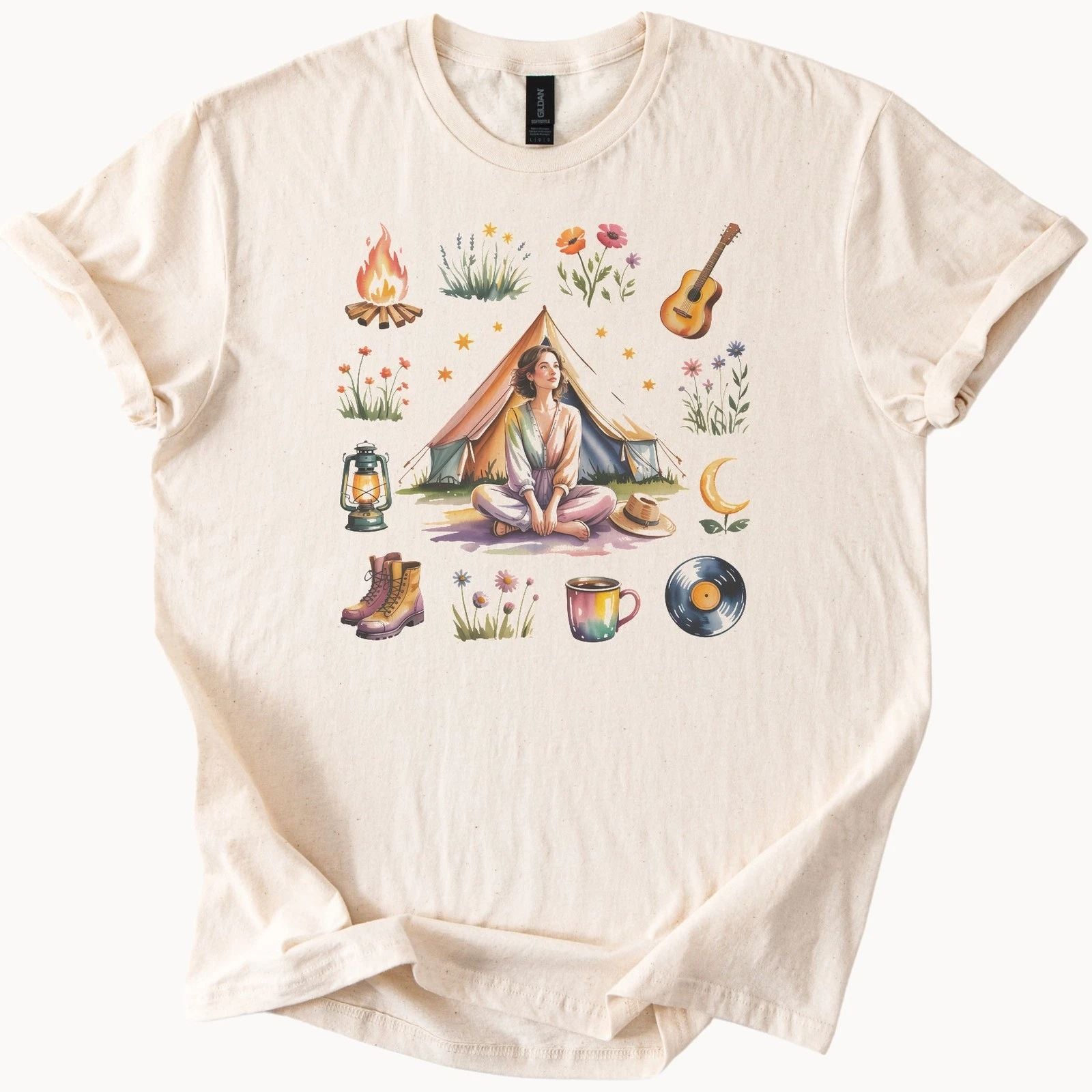 Bohemian Camping Adventure Graphic Tee Celestial Boho Nature Design