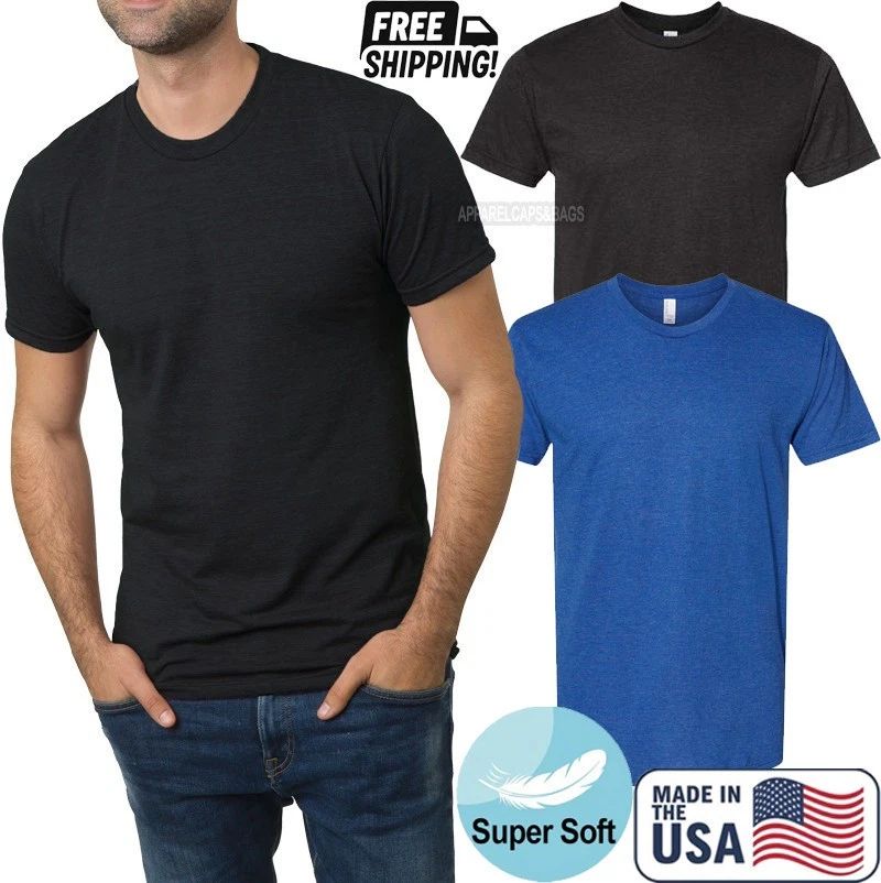 Mens USA American Made Super Soft Triblend T-Shirt Tri-Black & Royal Tee S-2XL
