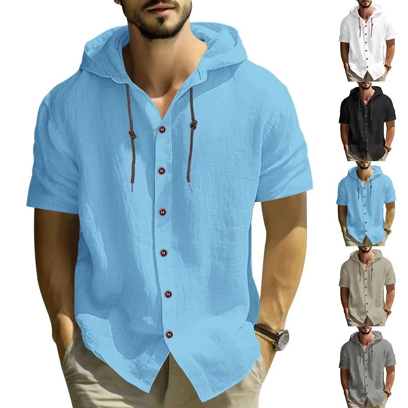 Cotton Linen Hooded T-Shirt Men’s Short Sleeve Solid Color Casual Plus Size Top