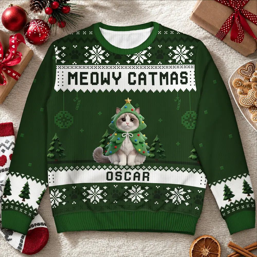 Custom Photo 3D Christmas Themed Pet Meowy Catmas Feliz Navidog - Personalized Unisex Ugly Sweater