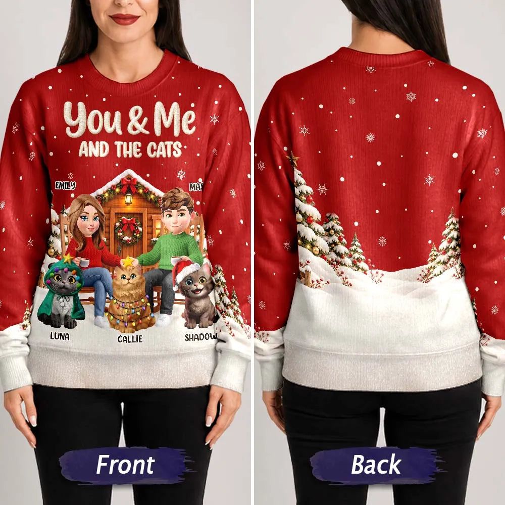 Christmas Gift For Pet Couples - Personalized You & Me And The Cats Unisex Ugly Sweater