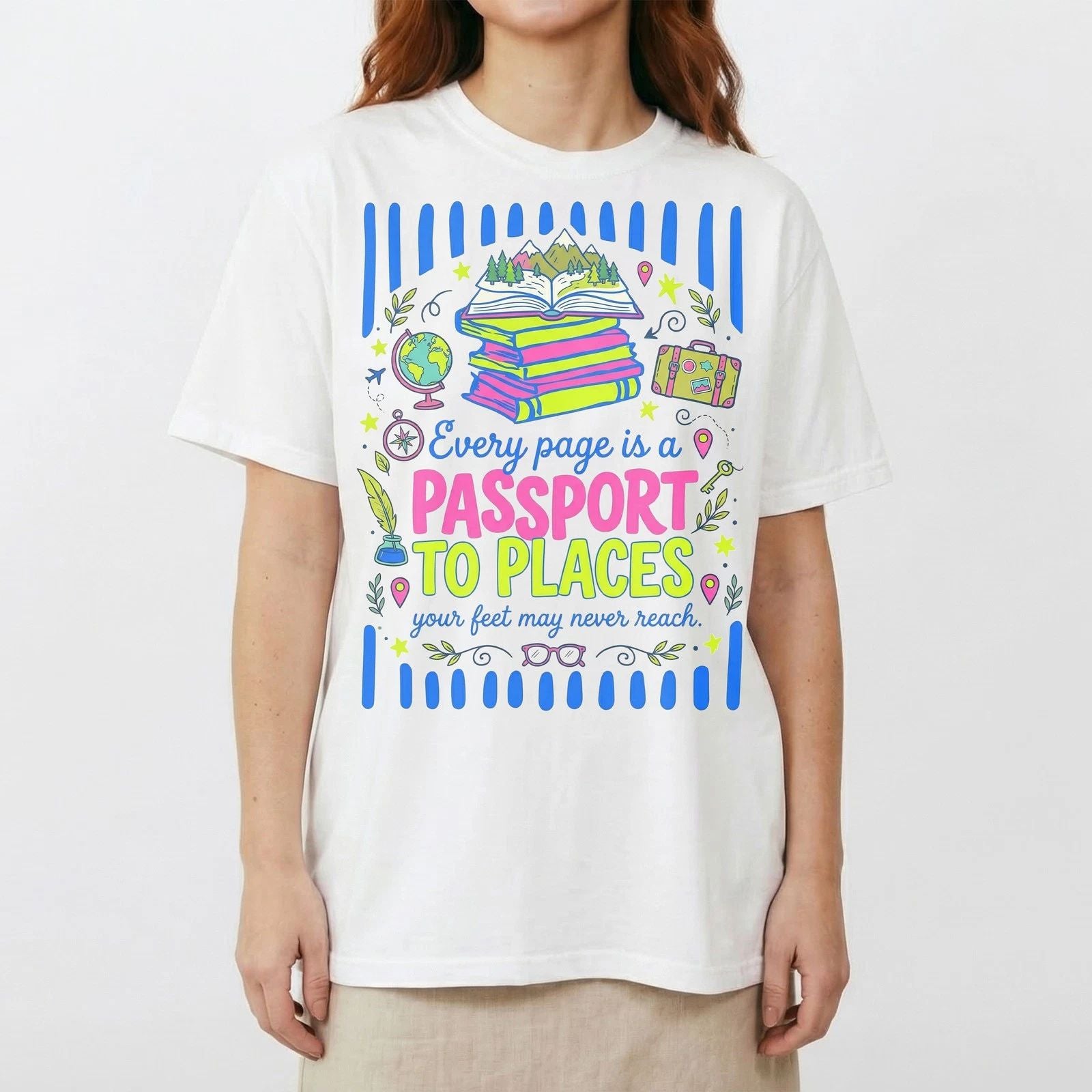 Reading Explorer Journey Vintage Graphic T-Shirt Bookworm Travel Colorful Tee
