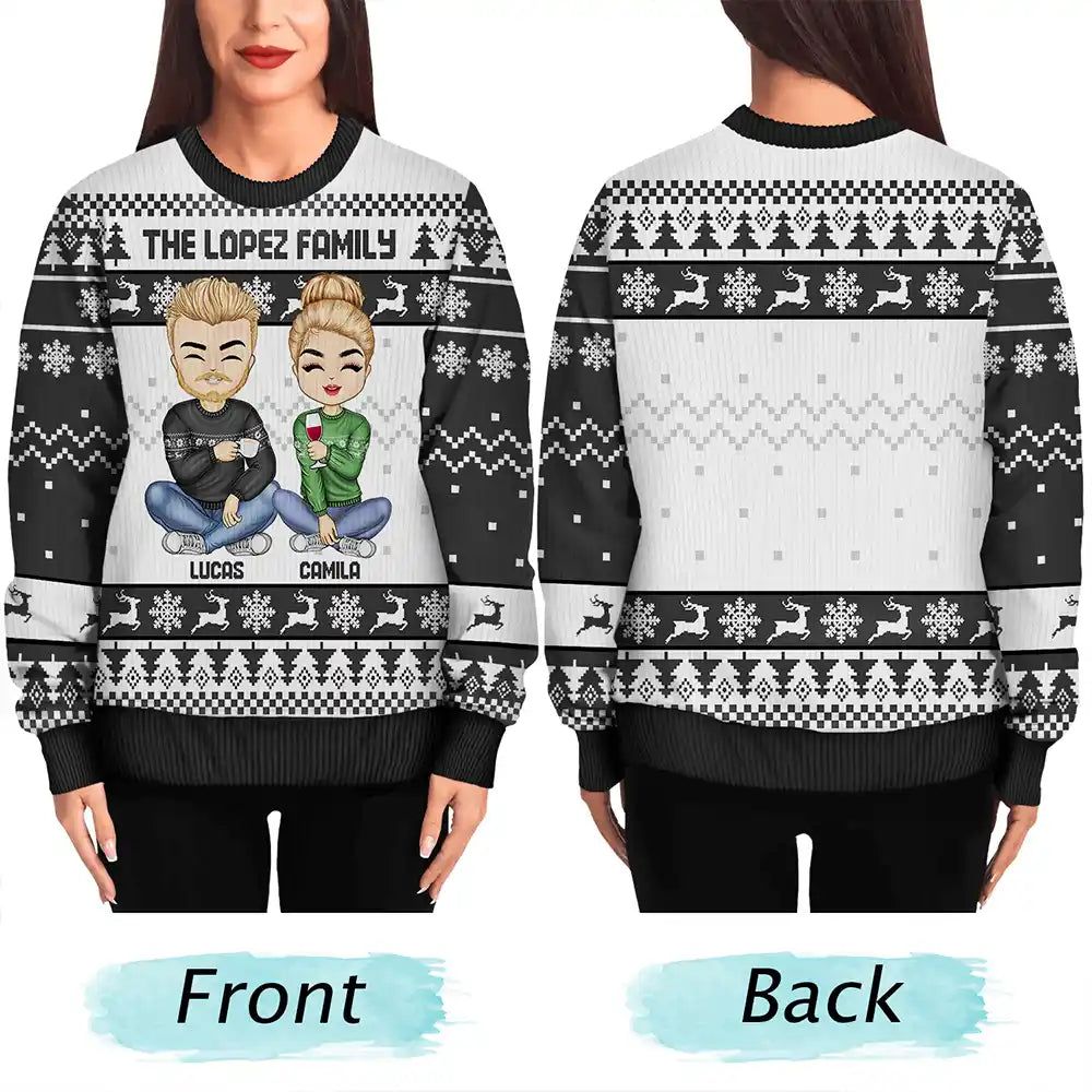 Christmas Chibi Family Holding Gift - Personalized Unisex Ugly Sweater