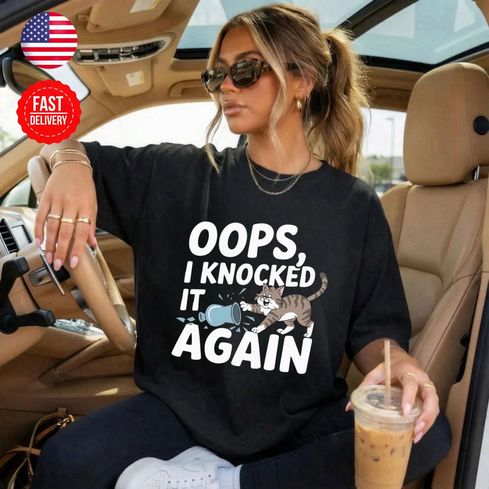 Oops Knocked It Cat T-Shirt Cute Kitty Lover Gift Graphic Tee S-4XL