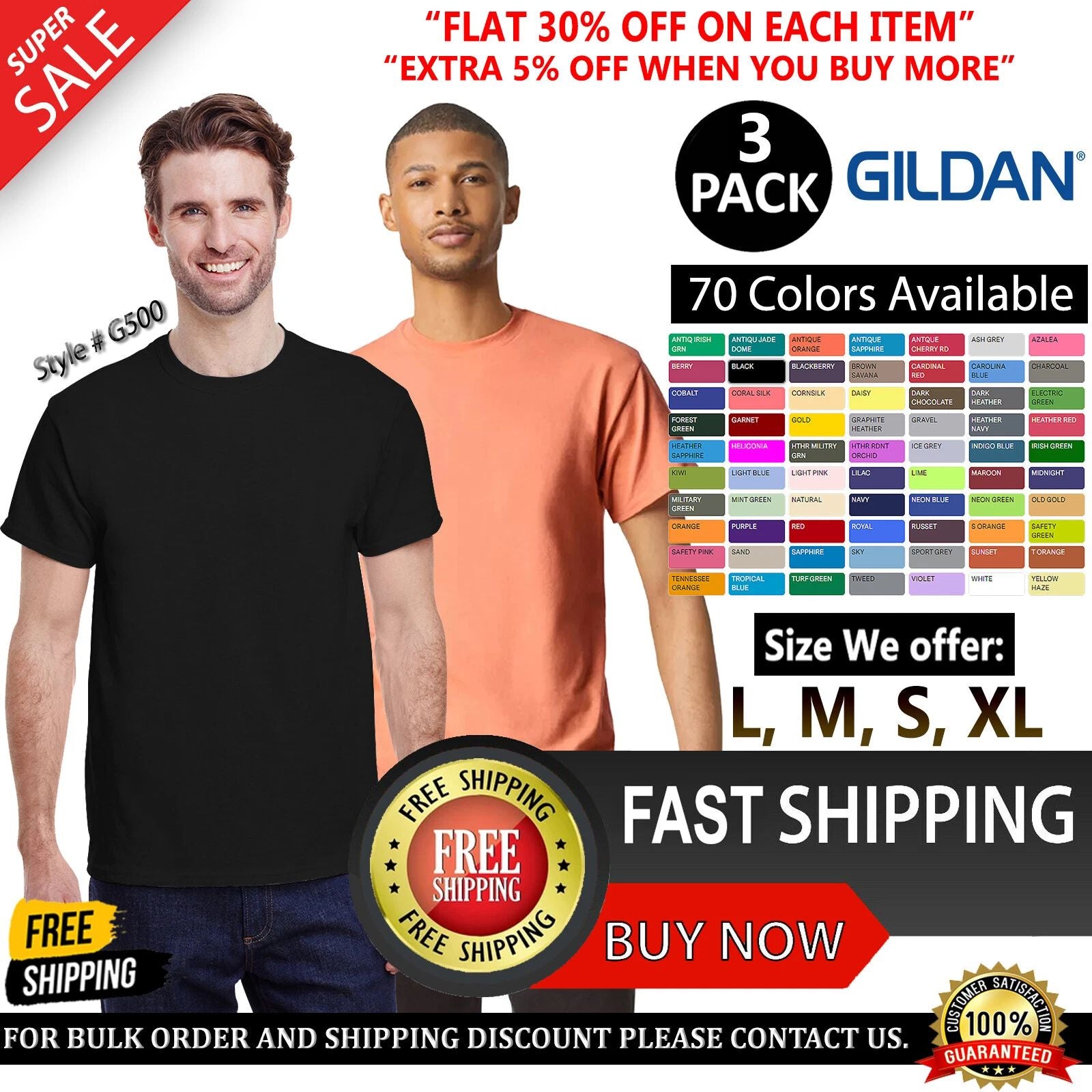 3 Pack Of Gildan Adult Heavy Cotton Stylish T Shirt Casual Plain T-Shirt - G500
