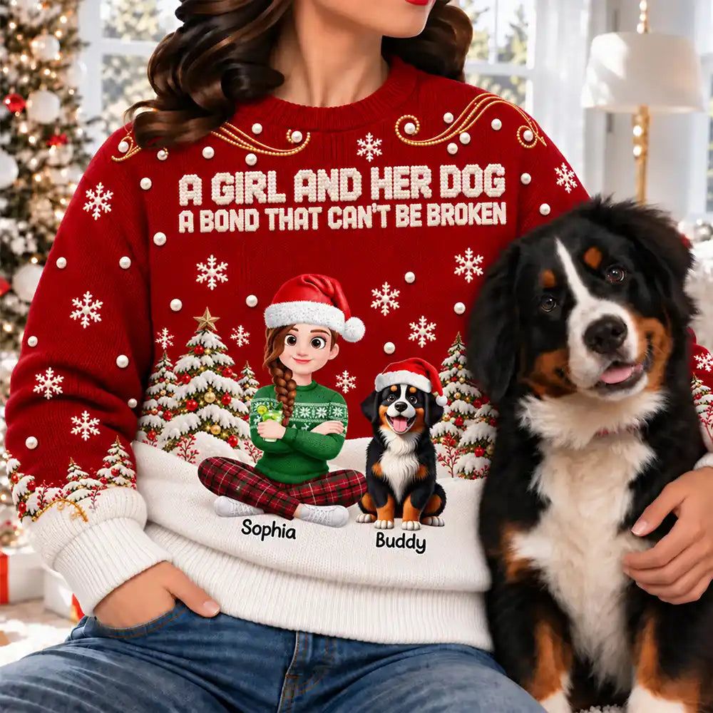 Christmas Gift For Dog Lovers - Personalized Cartoon A Girl And Her Dog Unisex Ugly Sweater