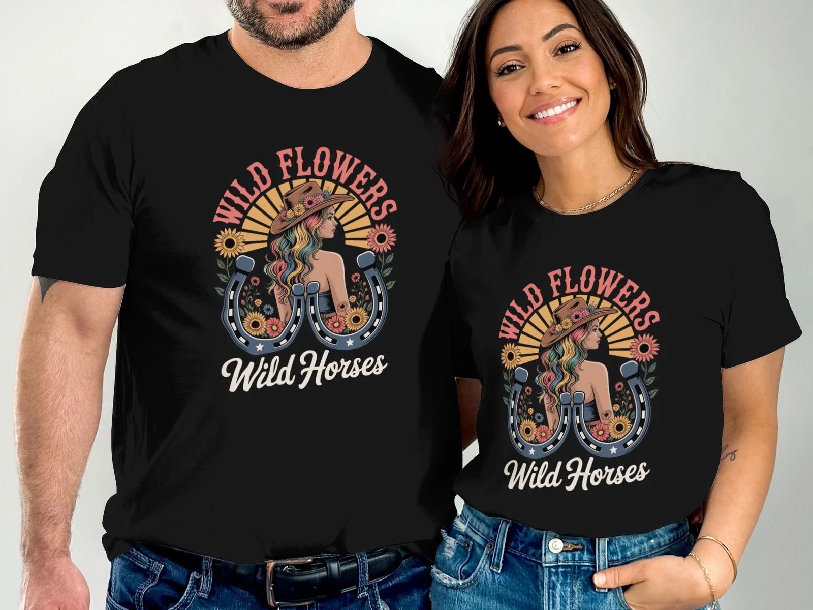 Wild Flowers Wild Horses T-Shirt, Western Boho Graphic Tee for Nature Lovers