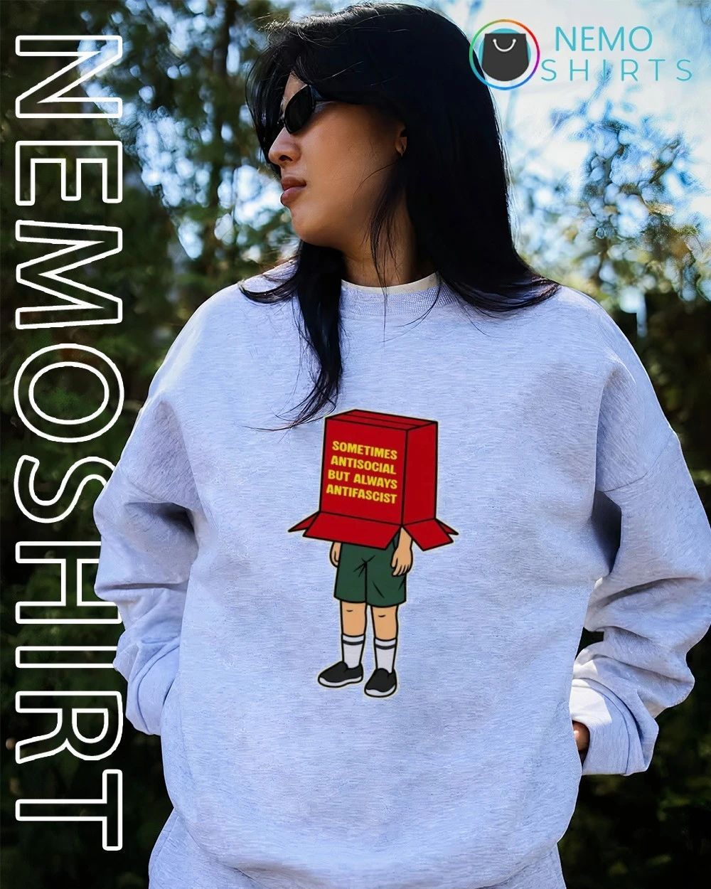 Sometimes Antisocial but Always Antifascist Box Head Character shirt
