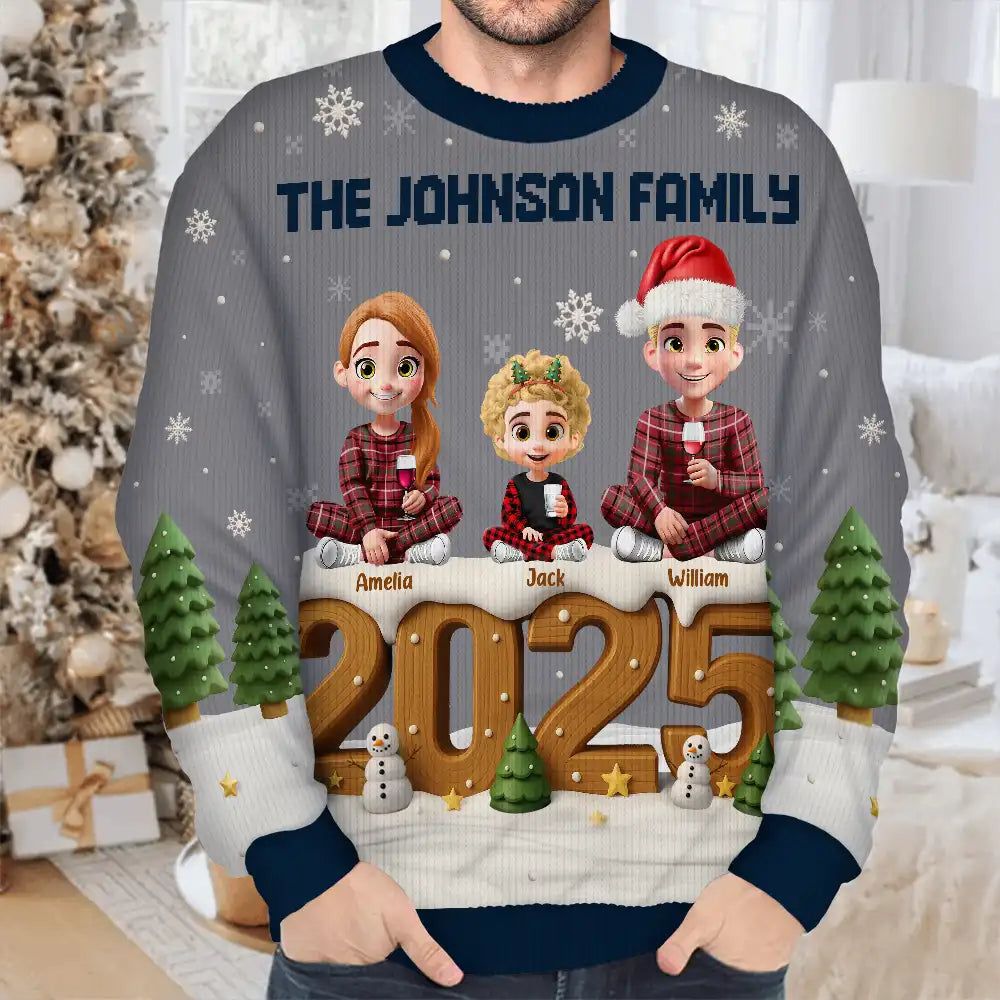 3D Effect Christmas Sitting Family - Personalized Unisex Ugly Sweater