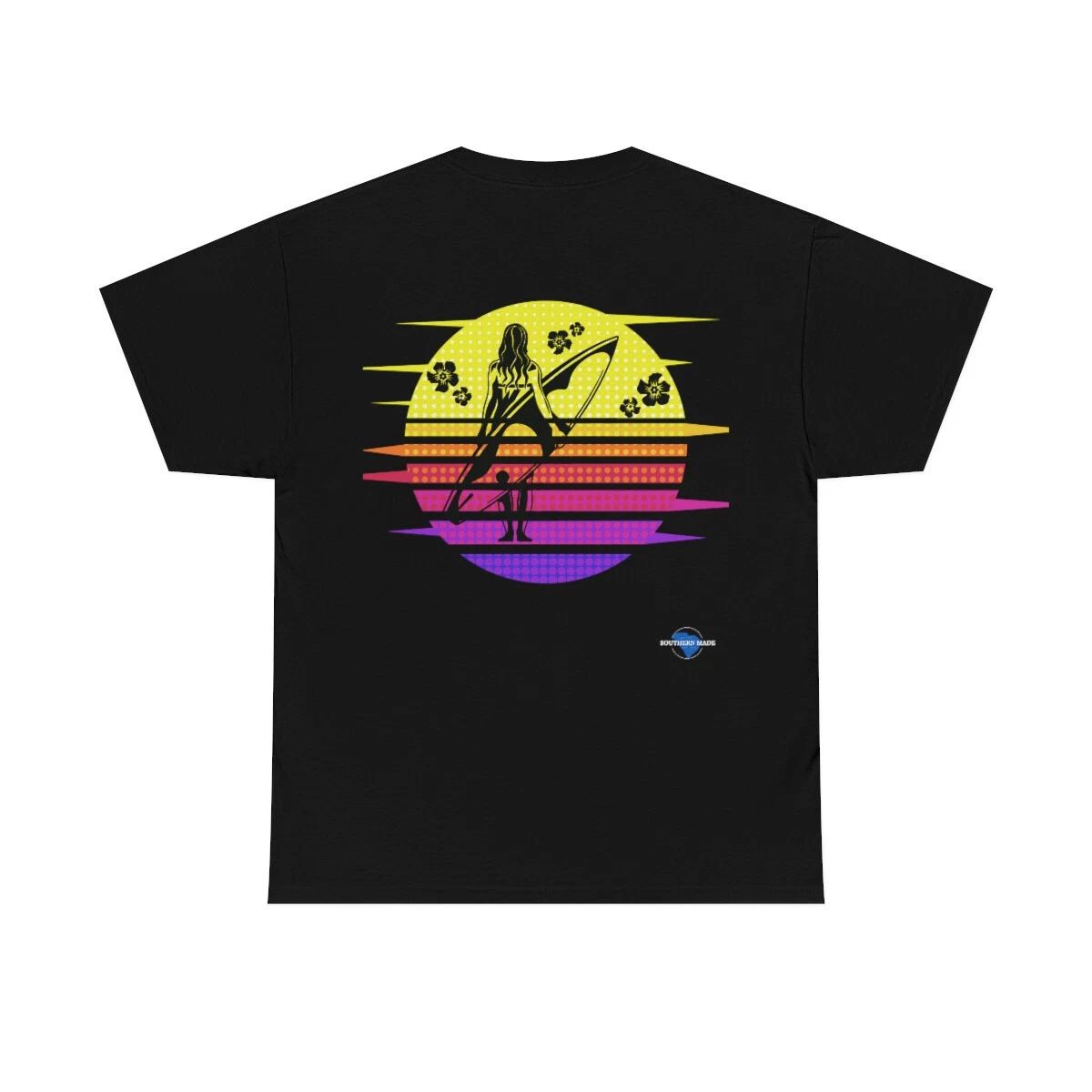 Retro Sunset Beach Flower Surf Girl Unisex Cotton Tee
