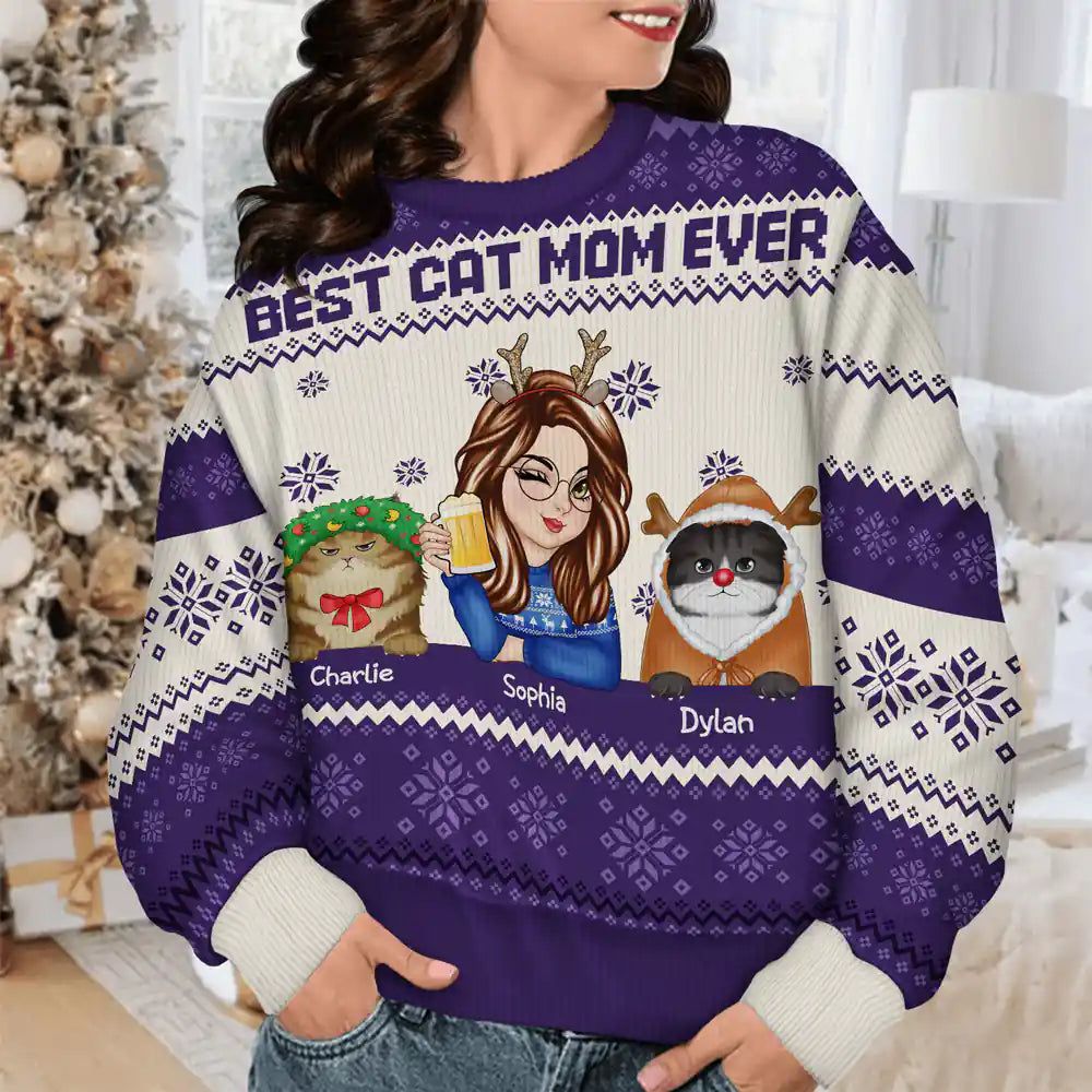 Best Cat Mom Ever Christmas - Personalized Unisex Ugly Sweater