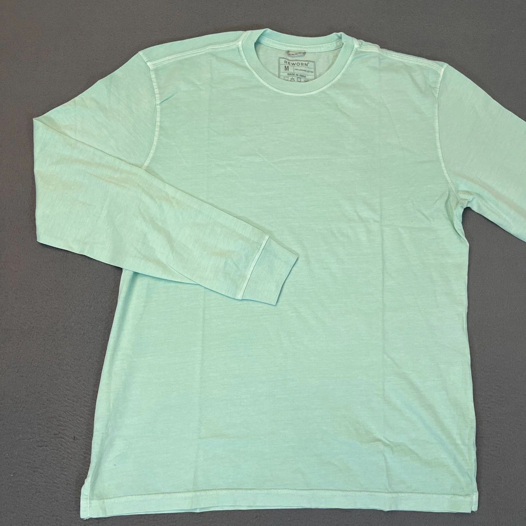 Reworn Long Sleeve Everyday T Shirt Men's Med Mint Blue Grn 100% Cotton Outdoor