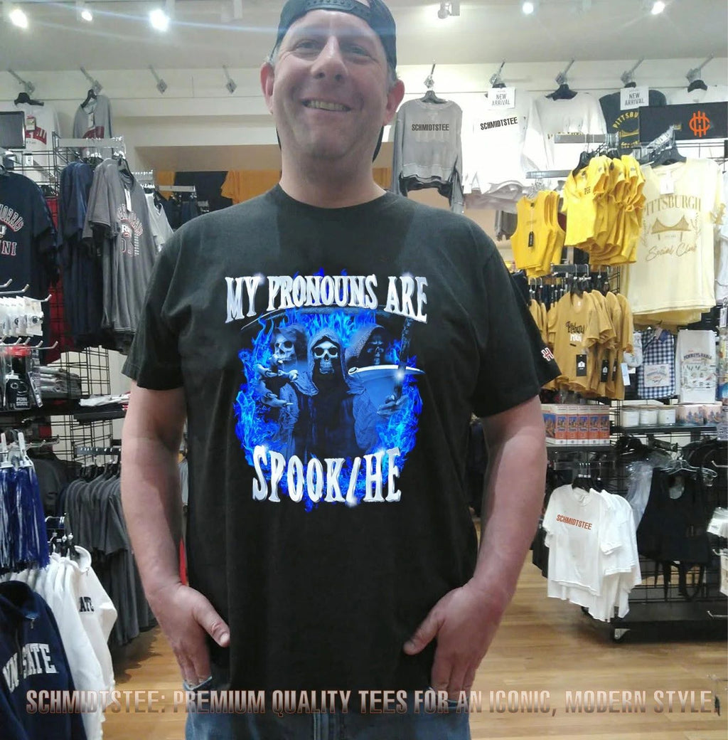 My Pronouns Are Spook He Grim Reaper Blue Flame shirt