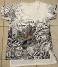 Vtg 90s Puerto Rico Faded AOP Abstract Art Sleeping Shirt Beach Surf Fish Animal