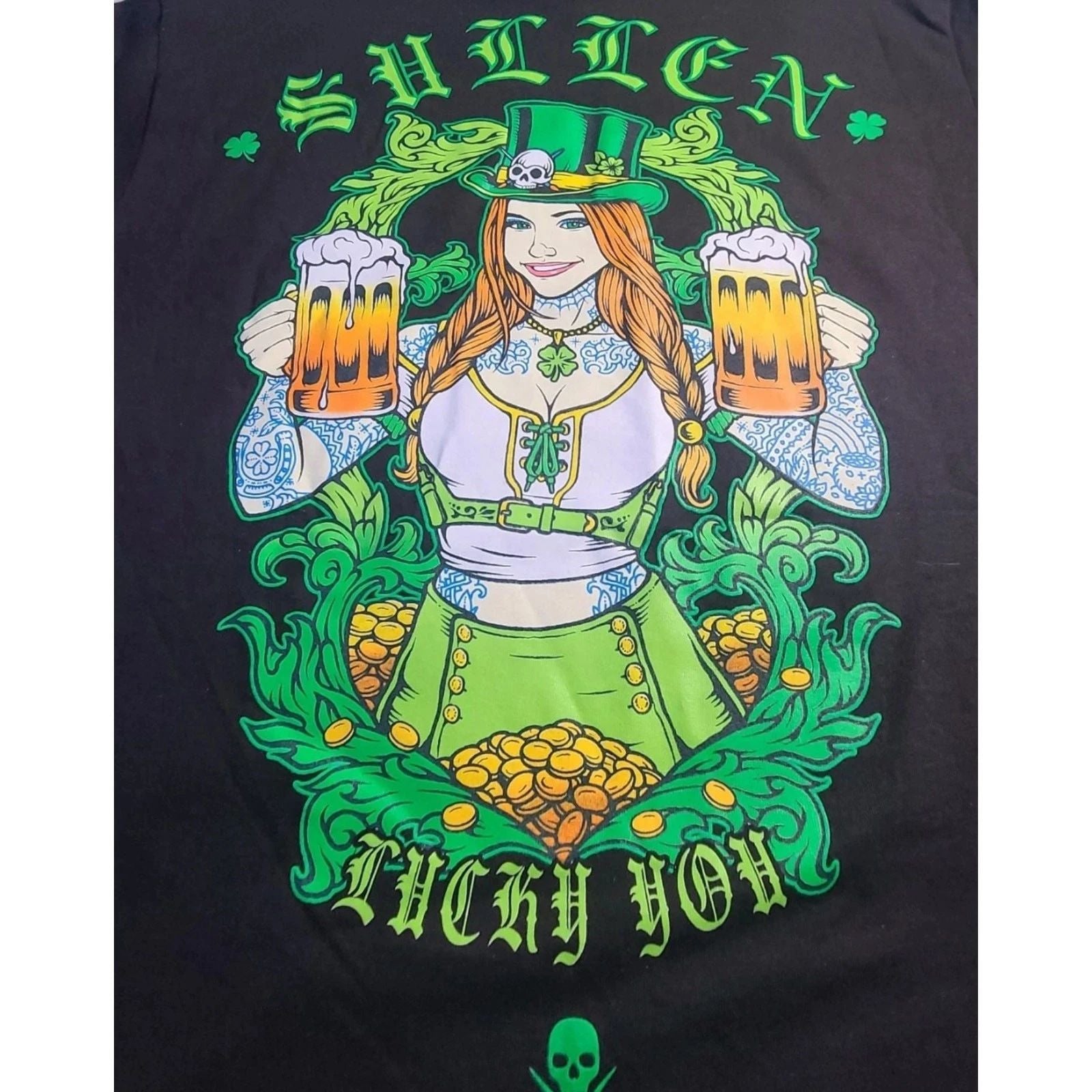 NWT Sullen Art Lucky You Irish Women Gold Beer Mug Shirt Medium A120 Excellent