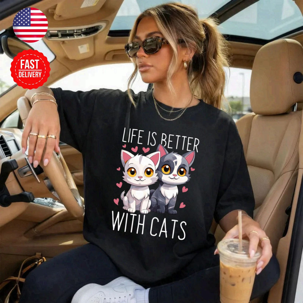 Life Is Better With Cat T-Shirt Cute Kitty Lover Gift Graphic Tee S-4XL