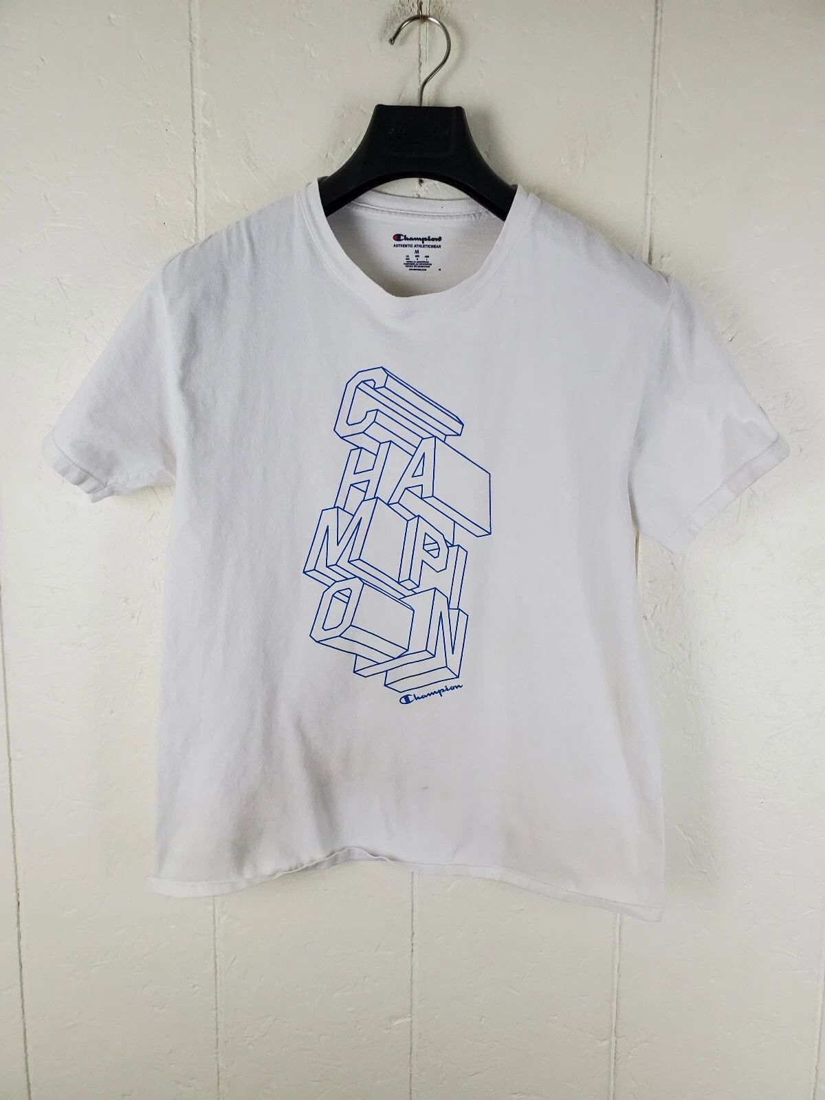 Champion Shirt Mens Medium White Graphic Crew Neck Short Sleeve Stretch Pullover