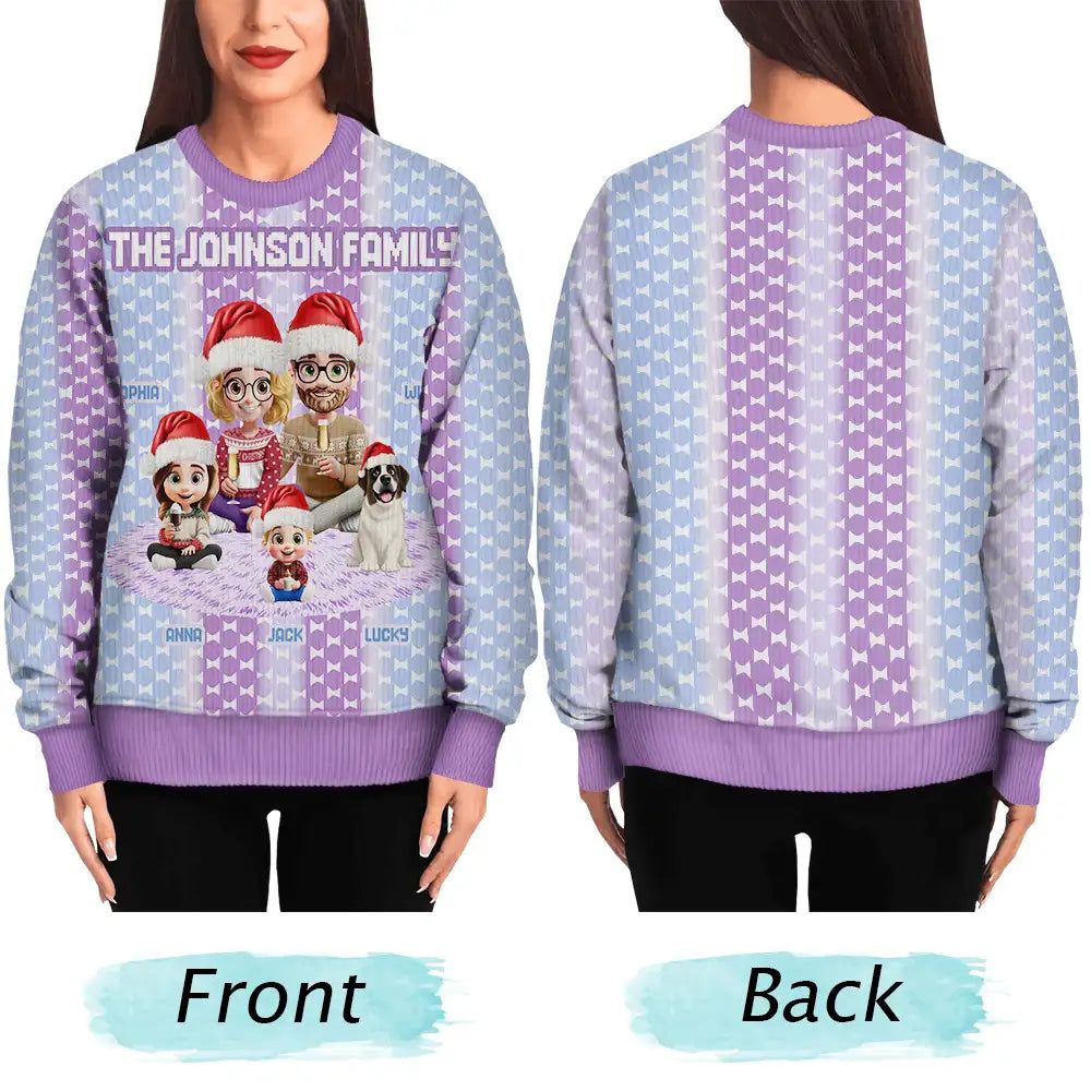 Cute Couple With Kids And Dogs Crochet Stripe Effect - Personalized Unisex Ugly Sweater