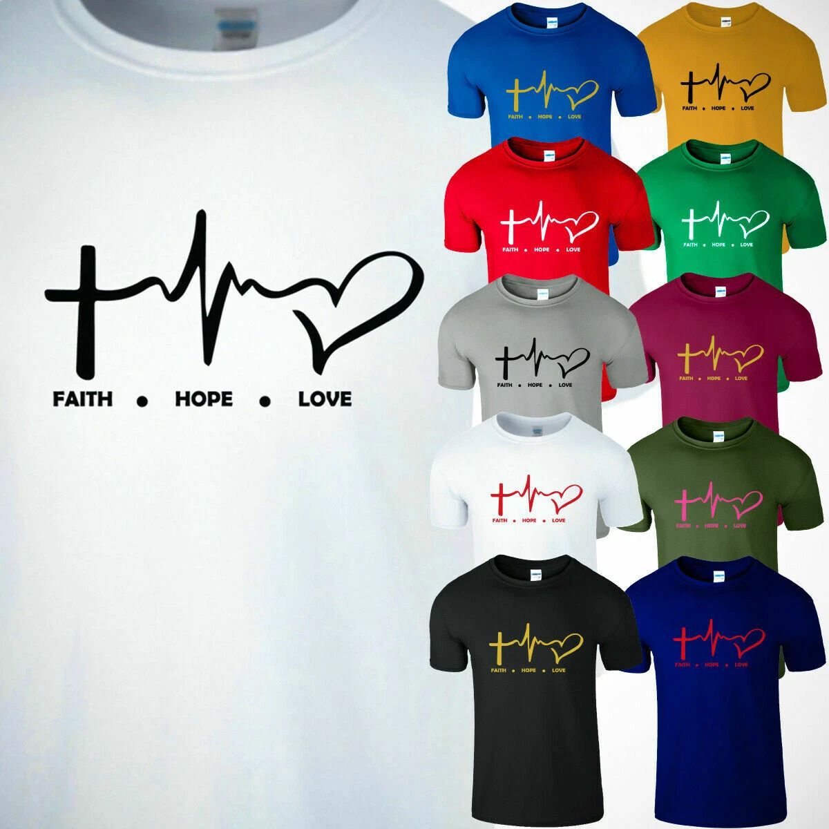 Faith Love Hope Men T Shirt Religious Motivational Christian Heart Gift Tee
