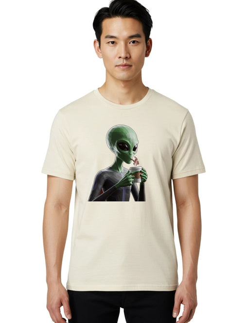 Alien-Drinking-Coffee-4 Mens Graphic Tee, 100% Cotton, Casual Summer Wear