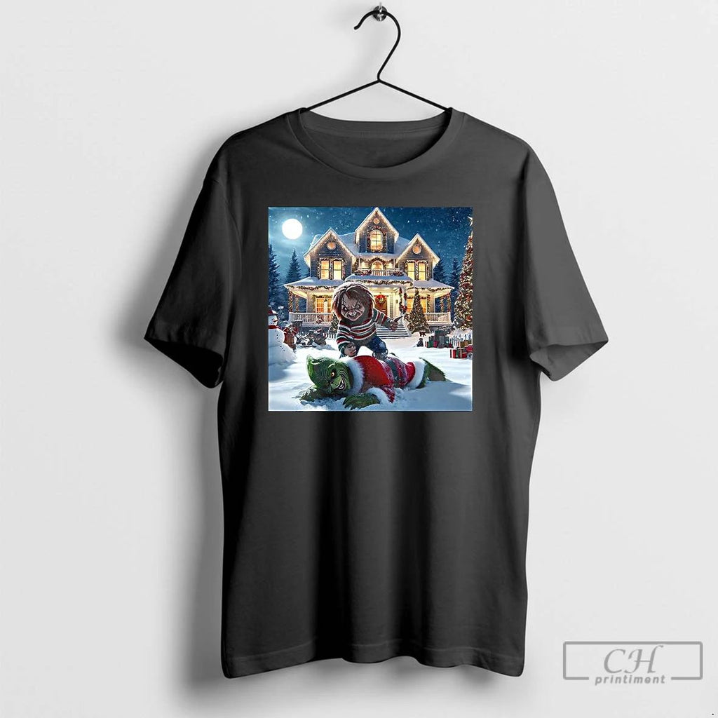Premium Chucky Chases After The Grinch Horror Christmas T Shirts