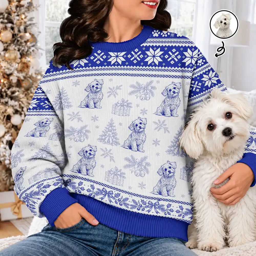 Christmas Gift For Pet Lover - Personalized Custom Photo Pencil Sketch Toile De Jouy Pet Pattern Unisex Ugly Sweater