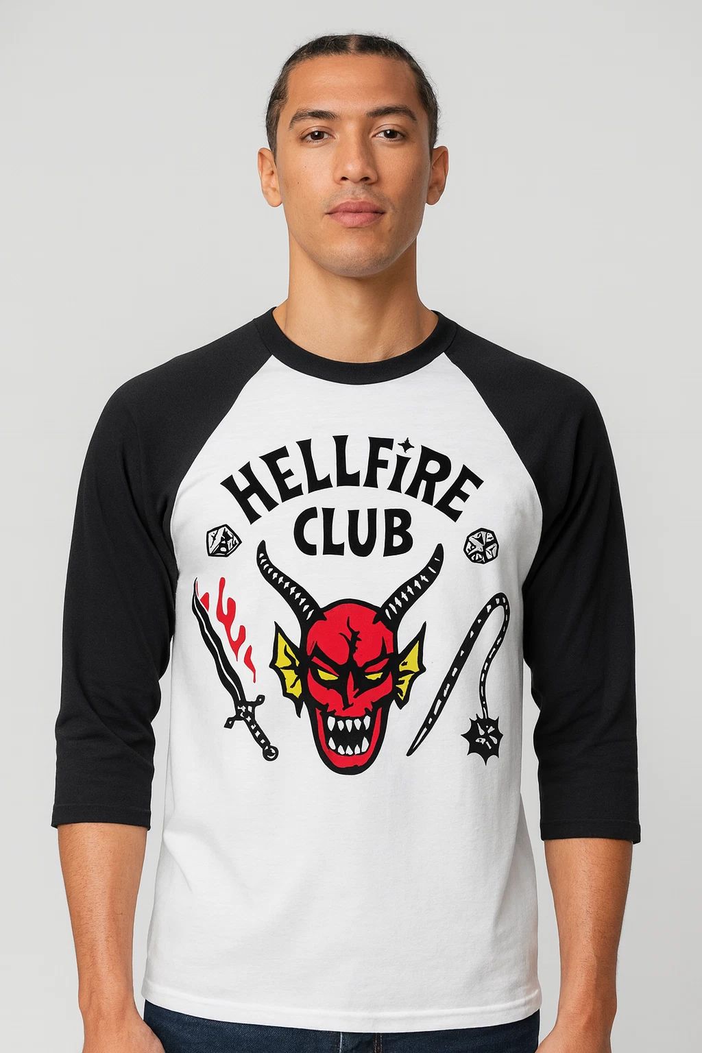 New Hellfire Club Baseball Tee Red Demon Graphic ¾ Sleeve Raglan Shirt Unisex