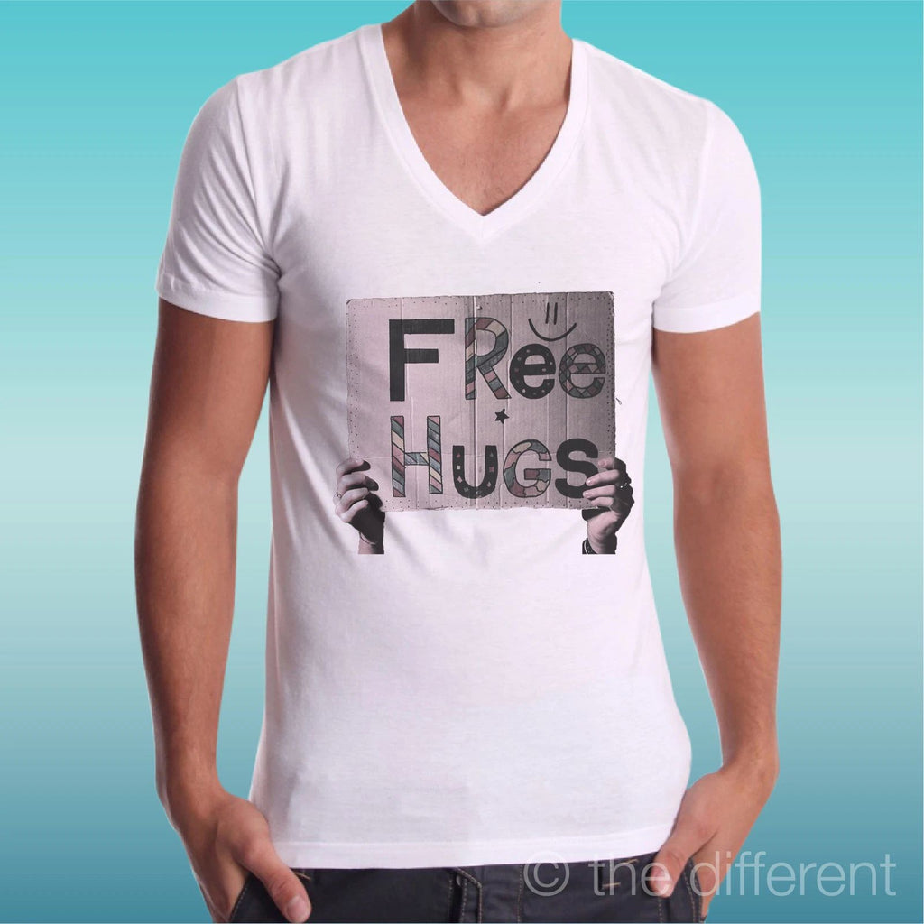 T-shirt Man V Neck " Sign Free Hugs " Gift Idea Road To Happiness