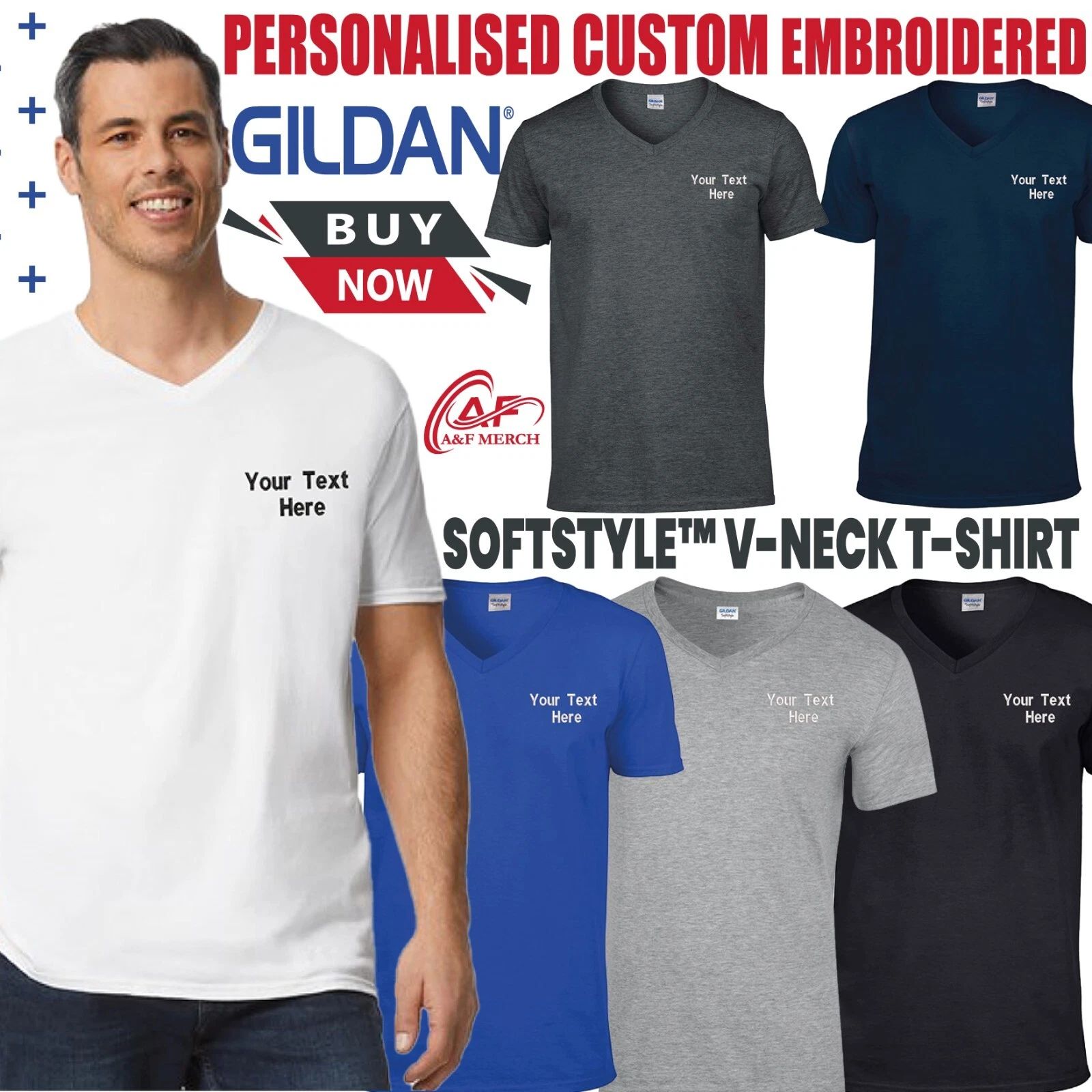 Personalised Custom Embroidered Unisex Gildan Softstyle V-neck T-shirt Casual